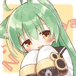  1girl :3 :d ahoge akashi_(azur_lane) animal_ear_fluff animal_ears ayanepuna azur_lane bangs black_sailor_collar blush brown_eyes cat_ears dress eighth_note eyebrows_visible_through_hair green_hair hair_between_eyes long_hair long_sleeves looking_at_viewer mole mole_under_eye musical_note open_mouth romaji_text sailor_collar sailor_dress screwdriver sleeves_past_fingers sleeves_past_wrists smile solo white_dress wrench 