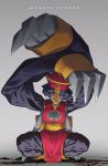  1girl black_hair blood breasts chinese_clothes claw_(weapon) cleavage cleavage_cutout extra_arms gradient gradient_background grey_skin hat highres jiangshi large_breasts medium_hair open_mouth red_eyes reiga_(act000) smile squatting talisman teeth vampire_(game) weapon 
