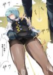  1girl bad_id bad_twitter_id bangs black_footwear black_legwear black_panties black_skirt black_vest blue_gloves blue_hair blush boots bow bowtie breasts clenched_teeth close-up closed_eyes embarrassed floral_print from_below gloves gyakuten_saiban gyakuten_saiban_2 high_heels highres jpeg_artifacts juliet_sleeves karuma_mei kurutsuki lifted_by_self long_sleeves miniskirt multiple_views nose_blush panties pantyhose parted_lips peeing peeing_self pencil_skirt puddle puffy_sleeves shiny shiny_clothes shirt short_hair simple_background skirt skirt_lift small_breasts speech_bubble sweat swept_bangs talking teeth thighband_pantyhose translation_request underwear upskirt vest wet wet_clothes wet_panties white_background white_neckwear white_shirt 