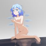  1girl arm_support bangs barefoot blue_eyes blue_hair cato_(monocatienus) cirno commentary_request convenient_arm eyebrows_visible_through_hair flat_chest gradient gradient_background grey_background groin looking_at_viewer navel nude parted_lips short_hair sitting solo stomach touhou 
