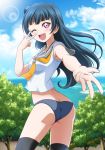  1girl ;d ass bangs black_legwear blue_hair blue_sky blush butt_crack cloud collarbone collared_shirt cowboy_shot day eyebrows_visible_through_hair floating_hair grey_panties grey_sailor_collar hanzou highres lens_flare long_hair looking_at_viewer love_live! love_live!_sunshine!! neckerchief one_eye_closed open_mouth outdoors outstretched_arms panties pink_eyes sailor_collar sailor_shirt shiny shiny_hair shirt sky sleeveless sleeveless_shirt smile solo standing thighhighs tsushima_yoshiko underwear very_long_hair w white_shirt yellow_neckwear 