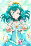  1girl aqua_eyes back_bow blue_bow bow breasts choker collarbone cure_milky earrings eyebrows_visible_through_hair floating_hair grin hair_between_eyes hair_ornament hairband hanzou highres index_finger_raised jewelry long_hair looking_at_viewer precure see-through shiny shiny_hair short_sleeves small_breasts smile solo standing star star_earrings star_hair_ornament star_twinkle_precure yellow_hairband 