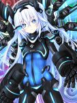  1girl bangs blue_bodysuit blue_eyes body_armor bodysuit breasts commentary_request eyebrows_visible_through_hair gauntlets hair_between_eyes headgear joney long_hair looking_at_viewer magic_circle mechanical_wings neptune_(series) next_black shin_jigen_game_neptune_vii silver_hair small_breasts smile solo symbol-shaped_pupils wings 