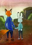  anthro anthro_on_anthro barefoot bottomwear building canid canine clothed clothing detailed_background dipstick_ears disney duo fox fully_clothed fur grey_body grey_fur hand_holding judy_hopps lagomorph leporid mammal multicolored_ears nick_wilde orange_body orange_fur outside pants rabbit rear_view red_fox shirt sky sou standing topwear tree zootopia 