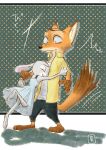  anthro barefoot bodily_fluids bottomwear canid canine clothed clothing disney dress duo eyes_closed fox fully_clothed fur grey_body grey_fur judy_hopps lagomorph leporid mammal nick_wilde open_mouth open_smile orange_body orange_fur pants pattern_background rabbit red_fox shirt simple_background smile sou sweat sweatdrop topwear zootopia 