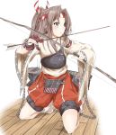  1girl arrow bangs blush bow_(weapon) breath brown_eyes drawing_nk eyebrows_visible_through_hair flight_deck gloves hachimaki hakama hakama_pants headband high_ponytail highres holding holding_arrow holding_bow_(weapon) holding_weapon japanese_clothes kantai_collection kneeling light_brown_hair long_hair muneate partly_fingerless_gloves ponytail red_hakama rigging simple_background single_glove solo weapon white_background wide_sleeves yugake zuihou_(kantai_collection) 