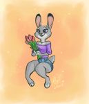  2019 anthro barefoot bottomwear clothed clothing dipstick_ears disney female flower fully_clothed fur grey_body grey_fur holding_object hotpants jewelry judy_hopps lagomorph leporid mammal multicolored_ears necklace open_mouth open_smile plant purple_eyes rabbit shorts sitting smile solo yelnatsdraws zootopia 