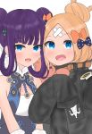  2girls :d abigail_williams_(fate/grand_order) atsumisu bangs bare_shoulders black_bow black_dress black_jacket blonde_hair blue_eyes blush bow commentary_request crossed_bandaids dress eyebrows_visible_through_hair fate/grand_order fate_(series) hair_bow hair_bun hair_rings hand_up heroic_spirit_traveling_outfit jacket long_hair long_sleeves multiple_girls object_hug open_mouth orange_bow parted_bangs polka_dot polka_dot_bow purple_hair simple_background sleeveless sleeveless_dress sleeves_past_fingers sleeves_past_wrists smile stuffed_animal stuffed_toy teddy_bear upper_body white_background yang_guifei_(fate/grand_order) 