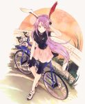  &gt;:) 1girl alternate_costume animal_ears arm_up bicycle bike_shorts black_gloves breasts bunny_ears closed_mouth commission crescent fingerless_gloves floating_hair gloves grass ground_vehicle hisona_(suaritesumi) long_hair looking_at_viewer medium_breasts outdoors pink_skirt purple_hair railing red_eyes reisen_udongein_inaba shoes skirt smile solo touhou very_long_hair white_background 