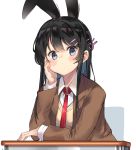  1girl absurdres animal_ears bangs black_hair blue_eyes blush brown_jacket bunny_ears bunny_hair_ornament desk hair_ornament hairclip highres jacket long_hair long_sleeves looking_at_viewer necktie ranf red_neckwear sakurajima_mai school_desk seishun_buta_yarou shirt simple_background solo sweater_vest white_background white_shirt 