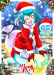  ;d blue_eyes blue_hair dress fur-trimmed_dress fur-trimmed_hat gift_bag gloves hagoromo_lala hanzou hat highlights highres kneeling long_sleeves looking_at_viewer multicolored_hair one_eye_closed open_mouth pointy_ears precure prunce_(precure) red_dress red_gloves red_headwear santa_costume santa_hat short_dress short_hair smile snowflakes star star-shaped_pupils star_twinkle_precure symbol-shaped_pupils 