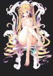  1girl absurdly_long_hair ass barefoot black_background blonde_hair blue_eyes brown_ribbon chair convenient_leg crossed_legs doll_joints flat_chest full_body hair_ribbon hand_up head_tilt highres long_hair looking_at_viewer original ribbon simple_background sitting solo tousen twintails very_long_hair 