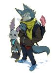  2020 absurd_res anthro beastars bottomwear breath canid canine canis cheek_tuft clothed clothing duo facial_tuft footwear fully_clothed fur grey_body grey_fur haru_(beastars) hi_res high-angle_view holding_object jacket lagomorph legoshi_(beastars) leporid looking_at_viewer mammal pants rabbit riza23 scarf shoes simple_background smile standing topwear tuft white_background white_body white_fur wolf 