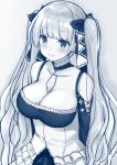  1girl arms_behind_back azur_lane bare_shoulders blush bow breasts cleavage closed_mouth collarbone detached_collar dress eyebrows_visible_through_hair formidable_(azur_lane) hair_bow large_breasts long_hair long_sleeves monochrome revision sei000 smile solo twintails upper_body 