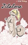  anthro blind blonde_hair bottomless breasts canid canine canis chimera clothed clothing female fluffy fluffy_tail front_view fur hair happy hi_res hybrid iceofthearctic mammal nipples nude open_mouth pose raised_tail simple+background smile solo standing topless young zila zilalora_aubiodun 
