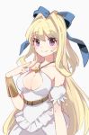  1girl bangs blonde_hair blue_bow blush bow breasts cleavage cleavage_cutout closed_mouth commentary_request detached_sleeves dress eyebrows_visible_through_hair grey_background hair_bow hair_intakes halterneck hand_up kono_yuusha_ga_ore_tueee_kuse_ni_shinchou_sugiru long_hair medium_breasts ponytail puffy_short_sleeves puffy_sleeves purple_eyes ristarte_(kono_yuusha_ga_ore_tueee_kuse_ni_shinchou_sugiru) shadowsinking short_sleeves simple_background smile solo very_long_hair white_dress white_sleeves 