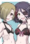  2girls bikini black_bikini black_choker blonde_hair blush bow breasts choker claw_pose cleavage ear_piercing earrings eyepatch fang hair_over_one_eye halulu hayasaka_mirei idolmaster idolmaster_cinderella_girls jewelry looking_at_viewer medium_breasts midriff multicolored_hair multiple_girls navel open_mouth piercing pink_bow purple_hair red_hair shirasaka_koume short_hair skull_print small_breasts smile streaked_hair swimsuit teeth upper_body 