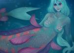  2017 blue_hair blue_theme breasts digital_media_(artwork) featureless_breasts female fish_tail hair looking_at_viewer marine merfolk non-mammal_breasts nude pink_body pink_scales purple_body purple_scales scales solo stringmouse 