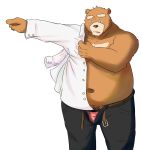  2013 anthro belly bottomwear clothing dressing humanoid_hands male mammal overweight overweight_male pants simple_background solo tail_person underwear ursid white_background 