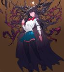  1girl 8tan black_legwear blue_skirt bow brown_background cape eyebrows_visible_through_hair glowing gradient gradient_background halloween highres living_hair long_hair original purple_eyes red_bow red_neckwear sketch skirt solo thighhighs throne 