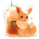  &lt;3 ambiguous_gender beverage blep blush coffee dipstick_tail drinking_straw eevee feral foxlett fur looking_at_viewer multicolored_tail neck_tuft nintendo paws pok&eacute;mon pok&eacute;mon_(species) simple_background smile standing starbucks tongue tongue_out tuft video_games watermark white_background 