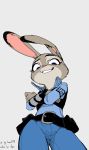  anthro belt clothed clothing color_edit colored crossed_arms dipstick_ears disney edit fully_clothed fur grey_background grey_body grey_fur grin hi_res judy_hopps lagomorph leporid looking_at_viewer looking_down low-angle_view lsw249 mammal multicolored_ears police_uniform purple_eyes rabbit simple_background smile solo uniform worm&#039;s-eye_view zootopia 