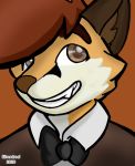  bow_tie brown_eyes brown_hair canid canine canis clothing danielsilverwolf fangs fur hair headshot male mammal multicolored_body multicolored_fur shirt silverdrool smile topwear wolf 