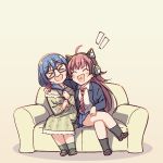  &gt;_&lt; 2girls :d ^_^ ahoge arm_around_shoulder asahi_rokka ayasaka bang_dream! bangs black-framed_eyewear black_footwear black_legwear blazer blue_jacket blue_skirt cat_ear_headphones chu2_(bang_dream!) closed_eyes commentary_request couch crossed_legs dress glasses green_legwear hair_ornament hair_scrunchie headphones jacket long_hair long_sleeves low-tied_long_hair miniskirt multiple_girls necktie open_mouth purple_scrunchie red_hair red_neckwear scrunchie shirt shoes sitting skirt smile socks striped striped_neckwear tan_background white_shirt xd 