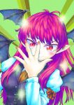  1girl demon_wings doyagao eyebrows_visible_through_hair hakuyou_(_hakuyou) head_wings highres jojo_no_kimyou_na_bouken jojo_pose jonathan_joestar koakuma long_hair parody phantom_blood pink_hair pose red_eyes solo touhou wings 