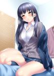  1girl black_hair black_legwear blazer blush boku_no_kokoro_no_yabai_yatsu breath brown_eyes commentary_request indoors jacket kneehighs long_hair long_sleeves looking_at_viewer open_mouth pleated_skirt school_uniform sitting skirt solo sweater_vest yamada_anna zen 