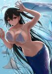  1girl against_glass ahoge air_bubble aquarium azur_lane bangs bare_shoulders bikini bikini_top black_hair breast_press breasts breasts_on_glass bubble cleavage closed_mouth collarbone commentary_request crossed_bangs eyebrows_visible_through_hair fish hair_between_eyes highres large_breasts light_rays long_hair looking_at_viewer manta_ray mermaid monster_girl monsterification navel one_side_up red_eyes scales shigatsu_(4gate) solo_focus split_tail stomach swimsuit taihou_(azur_lane) underwater untied untied_bikini very_long_hair wet wet_clothes white_footwear 