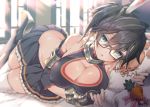  bed black_hair breasts fantasy_earth_zero glasses gloves ponytail signed skirt thighhighs tooka waifu2x 