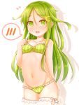  1girl absurdres bangs blush bra breasts collarbone crescent crescent_hair_ornament eyebrows_visible_through_hair frills green_bra green_eyes green_hair green_panties hair_ornament heart highres kantai_collection long_hair nagatsuki_(kantai_collection) navel open_mouth panties simple_background small_breasts solo spoken_blush striped striped_bra striped_panties suzushiro_(gripen39) thighhighs underwear white_background white_legwear 
