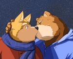  2019 anthro blush brown_body brown_fur canid canine clothing duo eyes_closed fur hoodie kissing male male/male mammal outside scarf tail_person topwear ursid 