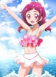  1girl :d armpits bangs blush braid breasts cleavage cloud collarbone covered_nipples cowboy_shot day floral_print hanzou highres hugtto!_precure lens_flare long_hair looking_at_viewer low_twintails midriff miniskirt navel nono_hana ocean open_mouth outdoors outstretched_arms precure red_eyes red_hair shiny shiny_hair skirt sleeveless small_breasts smile solo standing stomach twin_braids twintails white_bikini_bottom white_skirt 