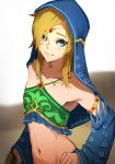  1boy arabian_clothes armlet asymmetrical_bangs bandeau bangs bare_shoulders blonde_hair blue_eyes blurry blurry_background blush closed_mouth collarbone crossdressing detached_sleeves english_commentary eyelashes frills gerudo_link hair_over_one_eye halterneck kuno_(runkunochan) link looking_at_viewer medium_hair navel otoko_no_ko sidelocks the_legend_of_zelda the_legend_of_zelda:_breath_of_the_wild toned toned_male twitter_username upper_body veil 