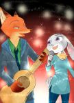  abstract_background canid canine clothed clothing disney duo eye_contact female fox fully_clothed fur green_eyes grey_body grey_fur guitar holding_object judy_hopps looking_at_another male mammal microphone musical_instrument nick_wilde orange_body orange_fur plucked_string_instrument purple_eyes red_fox singing sou string_instrument zootopia 