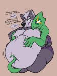  2020 belly belly_jiggle big_belly black_nose boot_(artist) canid canine canis chameleon claws clothed clothing countershading duo fangs fur gloves green_body green_skin grey_body grey_fur hand_on_stomach handwear hi_res leon_powalski lizard male mammal morbidly_obese navel nintendo obese open_mouth overweight overweight_male reptile scalie scar simple_background smile star_fox tight_clothing topless video_games wolf wolf_o&#039;donnell 