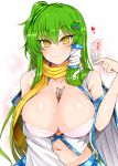  1girl bangs bare_shoulders belly between_breasts blue_skirt bouncing_breasts bra breasts cleavage collarbone commentary_request detached_sleeves eyebrows_visible_through_hair frog_hair_ornament green_hair hair_between_eyes hair_ornament hair_tubes hand_up heart highres holding kochiya_sanae large_breasts long_hair long_sleeves looking_at_viewer motion_lines navel one_side_up open_clothes open_shirt pink_background pointing pointing_at_self roki_(hirokix) scarf shiny shiny_hair shiny_skin shirt sidelocks skindentation skirt sleeveless sleeveless_shirt smile snake_hair_ornament solo star starry_background sweat touhou translation_request underwear upper_body very_long_hair white_background white_bra white_shirt wide_sleeves yellow_eyes yellow_scarf 
