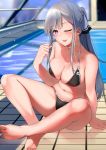  1girl ;p ak-12_(girls_frontline) arm_support bangs bikini bishi_(bishi) black_bikini blush breasts cleavage commentary_request eyebrows_visible_through_hair girls_frontline highres indian_style indoors long_hair looking_at_viewer navel one_eye_closed purple_eyes rei_no_pool revision silver_hair sitting smile solo strap_pull string_bikini swimsuit tongue tongue_out 