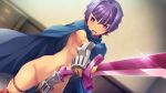  1girl blue_cape blush breasts brown_gloves brown_legwear cape choker covering covering_crotch embarrassed game_cg gauntlets gloves groin hair_bun hair_intakes hikage_eiji kannei koihime_musou long_hair naked_cape navel nipples nude open_mouth outstretched_arm purple_eyes purple_hair small_breasts solo suzukuri_karin-chan sword thighhighs weapon 