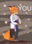  abstract_background anthro anthro_on_anthro barefoot belt bottomwear canid canine clothed clothing dipstick_ears disney duo eyes_closed fox fully_clothed fur grey_body grey_fur hug judy_hopps lagomorph leporid mammal multicolored_ears nick_wilde ornage_fur pants rabbit red_fox scarf shirt sou standing topwear zootopia 