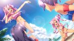  4girls arm_up beach bikini black_hair blue_bikini_top blue_eyes breasts clenched_hands cloud fang game_cg hair_bun hair_intakes hands_together hikage_eiji jumping kannei kneeling koihime_musou long_hair multiple_girls navel open_mouth outdoors pink_bikini pink_hair purple_hair scrunchie shuutai siblings sisters sky smile sonken sonshoukou spread_legs suzukuri_karin-chan swimsuit tree twintails v_arms very_long_hair volleyball 