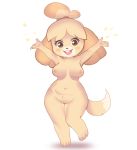  animal_crossing anthro arms_above_head blush blush_stickers breasts brown_eyes canid canine canis dogscribss domestic_dog female fur hair isabelle_(animal_crossing) looking_at_viewer mammal nintendo nipples nude open_mouth pussy shih_tzu short_stack simple_background smile solo standing teeth thick_thighs tongue toy_dog video_games white_background wide_hips yellow_body yellow_fur 