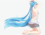  1girl arms_up ass barefoot blue_eyes blue_hair breasts devil_fish floating_hair from_side full_body hatsune_miku kneeling long_hair nipples see-through small_breasts soles solo toenail_polish twintails very_long_hair vocaloid 