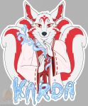  2020 anthro badge canid canine clothed clothing digital_media_(artwork) english_text fox fur grumpy_griffin_creations hi_res looking_at_viewer magic male mammal multi_tail smile solo standing text water 