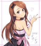  1girl 2018 asymmetrical_bangs bangs black_bow black_dress bow brown_eyes brown_hair choker closed_mouth dress earrings eyebrows_visible_through_hair from_behind hair_bow highres holding holding_stuffed_animal idolmaster idolmaster_(classic) jewelry long_hair minase_iori nail_polish red_nails shiny shiny_hair shoulder_blades sleeveless sleeveless_dress smile solo standing strapless strapless_dress stuffed_animal stuffed_toy syuichi very_long_hair white_background 