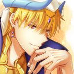  1boy bangs blonde_hair closed_mouth earrings eyebrows_visible_through_hair fate/grand_order fate_(series) gilgamesh gilgamesh_(caster)_(fate) hair_between_eyes jewelry male_focus portrait red_eyes riako shiny shiny_hair smile solo white_background 