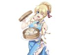  aliasing aqua_eyes blonde_hair braids breasts chinese_clothes chinese_dress cleavage food kirimi_maguro lilith_aileron tales_of_destiny white wink 