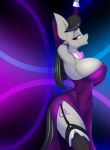  2020 armwear black_hair bow_tie breasts cleavage clothed clothing dress elbow_gloves equid equine female friendship_is_magic gloves hair handwear horse jrvanesbroek legwear looking_at_viewer mammal my_little_pony octavia_(mlp) pony purple_eyes solo stockings 